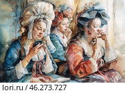 A watercolor scene depicting three women in traditional 18th century dress. They sit together, applying makeup and preening. The women wear ornate dresses with puffy sleeves, and their heads are covered with elaborate headdresses decorated with ribbons, lace, and flowers. Their expressions are focused, thoughtful, perhaps preparing for an important event. The color scheme of the image is warm, soft, lending an air of romance and nostalgia to the scene. Light and shadow are skillfully rendered, highlighting the details of fabrics and accessories. Стоковое AI-изображение, AI-художник Анна Кривицкая / Фотобанк Лори