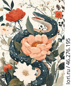 A snake that wriggles among beautiful flowers. Its body is covered with black and green scales with white spots. Around the snake are various flowers, such as large pink and white peonies, as well as red poppies and other plants. This is an artistic image made in a minimalist style with soft shades of flowers and light spots, creating an atmosphere of natural harmony and mystery. Стоковое AI-изображение, AI-художник Анна Кривицкая / Фотобанк Лори