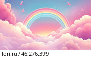 A fairytale skyscape with fluffy pink and lilac clouds, softly illuminated by sunlight. In the center of the composition is a beautiful rainbow arch, shimmering with pastel shades of blue, pink, yellow and lilac. Small pink birds soar in the sky, and the background is decorated with stars, creating an atmosphere of magic and dreaminess. The picture resembles a scene from a fantasy world filled with harmony and tenderness. Стоковое AI-изображение, AI-художник Анна Кривицкая / Фотобанк Лори