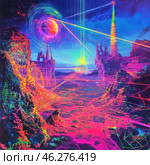 A fantastic neon landscape scene reminiscent of an alien world. The landscape consists of rock formations rising up in the form of castles and towers, illuminated by bright acidic colors - pink, purple, green and blue. In the center of the scene is a space object resembling a planet or a star, emitting concentric waves of energy and laser beams crossing space. The horizon is illuminated by the rising or setting of another star, and energy lines extend across the surface, like a diagram or network connecting the elements of the world. The atmosphere of the image is futuristic, cyberpunk, with elements of retrofuturism and science fiction. Стоковое AI-изображение, AI-художник Анна Кривицкая / Фотобанк Лори