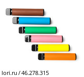 Different disposable electronic cigarettes on white background. Стоковое фото, фотограф Pixel_shot / Фотобанк Лори