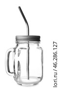 Mason jar with stainless steel straw on white background. Zero waste concept. Стоковое фото, фотограф Pixel_shot / Фотобанк Лори