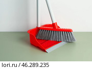 Dustpan and broom on floor near light wall, closeup. Стоковое фото, фотограф Pixel_shot / Фотобанк Лори