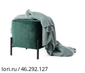 Stylish pouf with plaid on white background. Стоковое фото, фотограф Pixel_shot / Фотобанк Лори