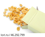 Box with tasty cornflakes on white background, closeup. Стоковое фото, фотограф Pixel_shot / Фотобанк Лори