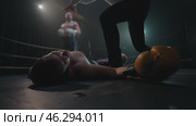 Brutal Boxing Knockout. Fallen Fighters Glove Drops as Referee Ends Fight. Редакционное видео, видеограф Михаил Матвеев / Фотобанк Лори
