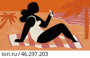 Abstract illustration of female sunbather on tropical beach with palm trees and ocean. Стоковое AI-изображение, AI-художник Zakharova Natasha / Фотобанк Лори