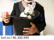 Cute little magician holding hat with rabbit indoors, closeup. Стоковое фото, фотограф Pixel_shot / Фотобанк Лори