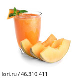 Glass of fresh melon smoothie on white background. Стоковое фото, фотограф Pixel_shot / Фотобанк Лори