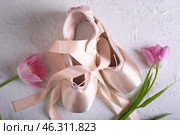 Ballet shoes with tulip flowers on white textured background. Стоковое фото, фотограф Pixel_shot / Фотобанк Лори
