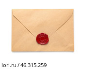 Envelope with wax seal stamp of notary public on white background. Стоковое фото, фотограф Pixel_shot / Фотобанк Лори