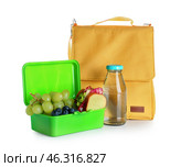 Bag with lunchbox and bottle of water isolated on white background. Стоковое фото, фотограф Pixel_shot / Фотобанк Лори
