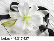 Beautiful lily flowers and black funeral ribbon on white wooden background. Стоковое фото, фотограф Pixel_shot / Фотобанк Лори