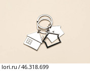 Silver house shaped keychains with keyrings on beige background. Стоковое фото, фотограф Pixel_shot / Фотобанк Лори