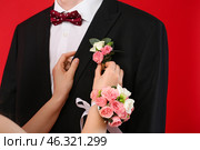 Young woman pinning corsage onto her prom date's suit on red background, closeup. Стоковое фото, фотограф Pixel_shot / Фотобанк Лори