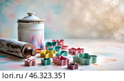 Baking tools and colorful cookie cutters arranged on a vibrant surface with a vintage storage container in a warm kitchen setting. Стоковое AI-изображение, AI-художник Сергей Толмачёв / Фотобанк Лори