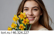 The banner. A girl holds a beautiful bouquet of daffodils in her hands. Greeting card for March 8 and International Women's Day. The concept of congratulations and celebrations. Стоковое AI-изображение, AI-художник Photojuli / Фотобанк Лори