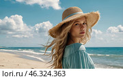 Summer vacation on the beach, close-up of a beautiful woman in a straw hat. Daylight saving time. Rest and vacations, a place to copy. Стоковое AI-изображение, AI-художник Photojuli / Фотобанк Лори