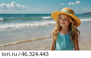 A beautiful little curly-haired girl in a straw hat and a yellow swimsuit on the beach by the sea. The concept of holidays with children, tourism and summer holidays by the water. Стоковое AI-изображение, AI-художник Photojuli / Фотобанк Лори