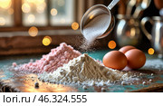 Cooking preparation with sugar, flour, eggs, and colored salts on a kitchen table in warm light. Стоковое AI-изображение, AI-художник Сергей Толмачёв / Фотобанк Лори