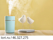 Modern humidifier and decor on table against color background. Стоковое фото, фотограф Pixel_shot / Фотобанк Лори