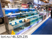 Аквариумы с живыми морскими и речными морепродуктами в сетевом супермаркете Wumart. Ухань ,Китай (2024 год). Редакционное фото, фотограф Кекяляйнен Андрей / Фотобанк Лори