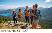 Group of hikers at mountain peak celebrating success, holding hands, enjoying panoramic view of mountains and blue sky, outdoor adventure, teamwork, achievement, friendship, unity. Стоковое AI-изображение, AI-художник Павел Муравьев / Фотобанк Лори