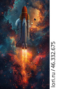 Colorful children drawing of universe, space rocket, Stars and planets. cosmic background, Cosmonautics Day concept. Стоковое AI-изображение, AI-художник Ирина Михайличенко / Фотобанк Лори