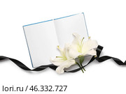 Beautiful lily flowers with blank book and black funeral ribbon on white background. Стоковое фото, фотограф Pixel_shot / Фотобанк Лори