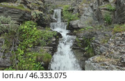 A small, fast-flowing waterfall among rocks and green plants on the Kola Peninsula. Стоковое видео, видеограф Евгения Глинская / Фотобанк Лори
