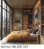A stylish and cozy bedroom in an industrial style with loft elements. The space is decorated in warm, natural shades using wood, metal and concrete. A large bed with a soft mustard-yellow blanket occupies the center of the room. The wall behind the bed is decorated with built-in shelves with books and decorative elements that create an atmosphere of coziness. To the right of the bed are black wall lamps, emphasizing the industrial style. Monochrome posters hang on the wall, adding a modern accent. Large panoramic windows overlooking the city let in natural light, enhancing the feeling of spaciousness. Стоковое AI-изображение, AI-художник Анна Кривицкая / Фотобанк Лори