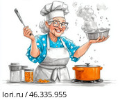Доброжелательная бабушка готовит в уютной кухне, радуясь кулинарному процессу и традициям. Стоковое AI-изображение, AI-художник Сергей Милянчиков / Фотобанк Лори