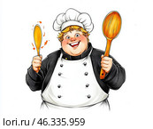 Вдохновляющий и радостный шеф-повар со смешными ложками в уютной кухне. Стоковое AI-изображение, AI-художник Сергей Милянчиков / Фотобанк Лори