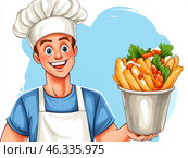 Улыбающийся греческий шеф-повар держит гирос на фоне яркой и праздничной атмосферы. Стоковое AI-изображение, AI-художник Сергей Милянчиков / Фотобанк Лори