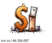 Символическая иллюстрация финансового хаоса с долларовым знаком и разрозненными банкнотами. Стоковое AI-изображение, AI-художник Сергей Милянчиков / Фотобанк Лори