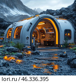 A futuristic base or research module located in a rugged mountainous landscape with volcanic rocks and minimal vegetation. The building is high-tech, curved, with solid walls and large windows that allow observation of the surrounding environment. Warm lights glow inside the module, creating a cozy atmosphere despite the cold and harsh conditions outside. The landscape around is strewn with rocks, moss, and sparse plants, with snow-capped mountains in the background, giving the picture an atmosphere of remoteness and solitude. Perhaps this is a research station on another planet or in a remote location on Earth. Стоковое AI-изображение, AI-художник Анна Кривицкая / Фотобанк Лори