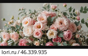 floral installation transforming wedding table into dreamy atmosphere, installation enhancing romantic ambiance, installation reflecting modern style, installation admired worldwide. Стоковое AI-видео, аниматор Анна Маркина / Фотобанк Лори
