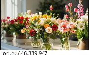 perfect arrangement of tulips, roses and pions in stylish boutique, arrangement reflecting artistic skill, arrangement adding charm to modern design, arrangement inspiring creativity. Стоковое AI-видео, аниматор Анна Маркина / Фотобанк Лори