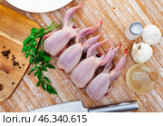 Raw gutted quails and condiments prepared for cooking on wooden table. Стоковое фото, фотограф Яков Филимонов / Фотобанк Лори