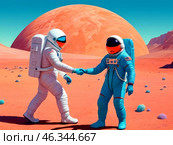 Иллюстрация космонавтов на неизвестной планете. Стоковое AI-изображение, AI-художник ольга скальская / Фотобанк Лори