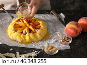 Woman smearing raw peach galette with egg yolk at table. Стоковое фото, фотограф Pixel_shot / Фотобанк Лори