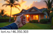 Realtor's hand with keys to house for beach holiday in hot tropics with palm trees. Hotel reservations, booking, moving to new house, mortgage, rent and purchase of real estate. AI generated. Стоковое AI-изображение, AI-художник Ольга Симонова / Фотобанк Лори