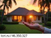 Realtor's hand with keys to house for beach holiday in hot tropics with palm trees. Hotel reservations, booking, moving to new house, mortgage, rent and purchase of real estate. AI generated. Стоковое AI-изображение, AI-художник Ольга Симонова / Фотобанк Лори