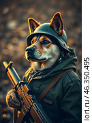 Овчарка - солдат на посту. Реалистичный стиль, милитари. The shepherd is a soldier on duty. Realistic style, military style. Стоковое AI-изображение, AI-художник Смирнова Светлана / Фотобанк Лори