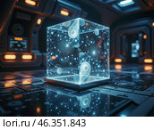 Прозрачный куб с неоновыми каплями и светящимися точками внутри, парящий над футуристической панелью управления. 3D-иллюстрация в стиле научной фантастики. Стоковое AI-изображение, AI-художник Ирина Першина / Фотобанк Лори