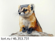 A small ferret or weasel, painted in watercolor. It sits on a wooden surface, looking around with curiosity. Its fur is drawn in detail, with smooth transitions of shades of gray, red and white. The animal has large, expressive eyes, long whiskers and miniature black paws clinging to the bark. The background is minimalist, white, which makes the drawing light and airy. Стоковое AI-изображение, AI-художник Анна Кривицкая / Фотобанк Лори