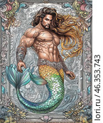 Mythical character - a courageous triton or mermaid, made in the style of fantasy illustration with elements of art nouveau. His appearance is striking in its combination of brutality and grace: a powerful, muscular body with bronze skin, long wavy hair shimmering with shades of gold and copper, and an expressive, mysterious look. His lower half is covered with bright scales in a gradient from gold to green and blue, ending with an elegant, powerful tail.The character's hands are decorated with patterned bracelets, and the overall style is reminiscent of epic illustrations of sea gods or kings of the underwater depths. The background is depicted in a complex decorative manner with numerous curls, ornaments and marine motifs, creating a sense of grandeur and mysticism. Стоковое AI-изображение, AI-художник Анна Кривицкая / Фотобанк Лори