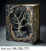 An old book with a three-dimensional installation carved inside in the form of a dried-up, intricately curved tree. The cover of the book looks worn, the edges of the pages are burnt and as if worn out by time. The tree created inside the book intertwines with the spine and edges, its branches extend beyond the borders of the pages, as if trying to break out. The background behind the tree is a starry night sky, creating an effect of depth and mystery. This composition symbolizes the eternity of history, the magic of books and their ability to revive worlds within themselves. Стоковое AI-изображение, AI-художник Анна Кривицкая / Фотобанк Лори