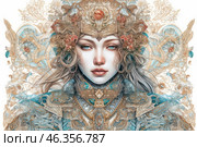 An exquisitely designed girl with aristocratic features, dressed in a complex and detailed outfit reminiscent of royal armor or ceremonial vestments. Her headdress is decorated with patterns, flowers, gems and metal elements, creating a sense of grandeur and a mystical aura. The background is made in a decorative style, intertwining with elements of clothing, adding depth and airiness to the composition. The color scheme combines soft golden, beige and sky-blue shades, giving the image sophistication and grace. Стоковое AI-изображение, AI-художник Анна Кривицкая / Фотобанк Лори