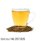 Cup of tasty hojicha green tea on white background. Стоковое фото, фотограф Pixel_shot / Фотобанк Лори
